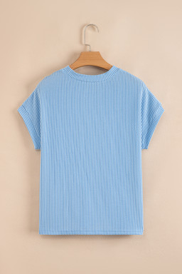 Dark Blue Corded Knit Color Block Pocketed Crew Neck T Shirt