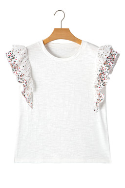 White Floral Lace Eyelet Patched Butterfly Sleeve Blouse