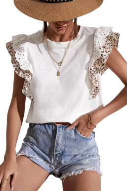 White Floral Lace Eyelet Patched Butterfly Sleeve Blouse