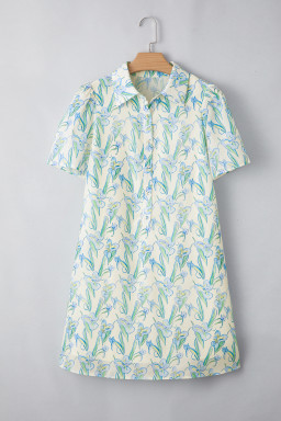 Green Floral Half Button Short Sleeve Mini Dress