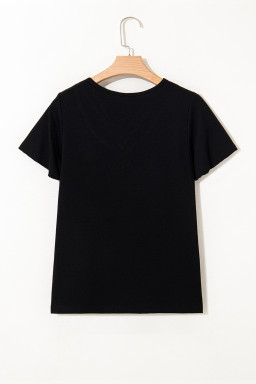 Black Crisscross V Neck Flutter Sleeve T Shirt