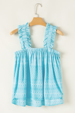 Sky Blue Floral Print Ruffled Wide Strap Loose Top