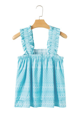 Sky Blue Floral Print Ruffled Wide Strap Loose Top
