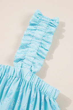 Sky Blue Floral Print Ruffled Wide Strap Loose Top