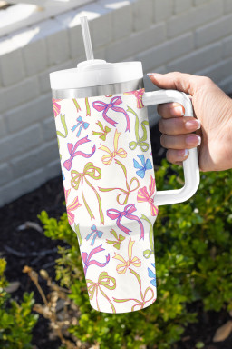 White Bow Knot Print Large Stainless Steel Vacuum Cup