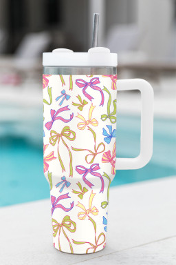 White Bow Knot Print Large Stainless Steel Vacuum Cup