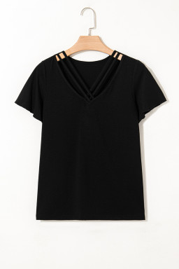 Black Crisscross V Neck Flutter Sleeve T Shirt
