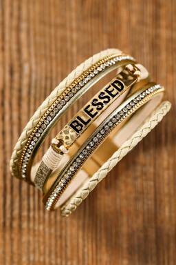 Beige BLESSED Rhinestone Leather Layered Bracelet
