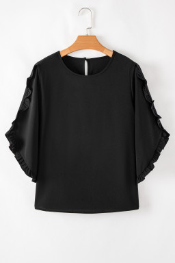 Black Frill Trim Plain Tulip Sleeve Blouse