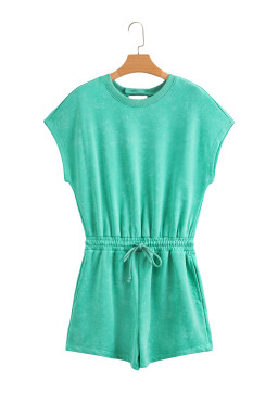 Sea Green Drawstring Waist Backless Short Sleeve Romper