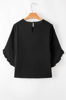 Black Frill Trim Plain Tulip Sleeve Blouse