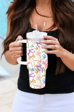 White Bow Knot Print Large Stainless Steel Vacuum Cup