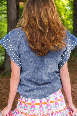 Dusk Blue Acid Wash Pearl Embellishment Round Neck Denim Top