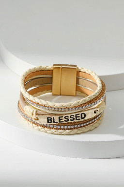 Beige BLESSED Rhinestone Leather Layered Bracelet