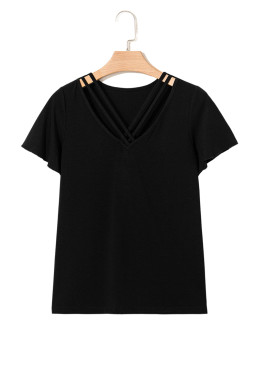 Black Crisscross V Neck Flutter Sleeve T Shirt