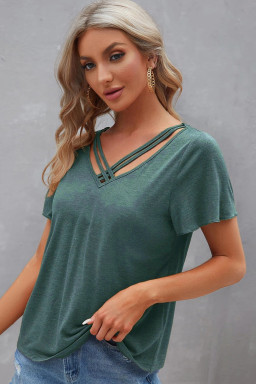 Mist Green Crisscross V Neck Flutter Sleeve T Shirt