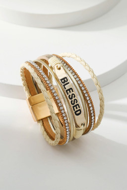 Beige BLESSED Rhinestone Leather Layered Bracelet