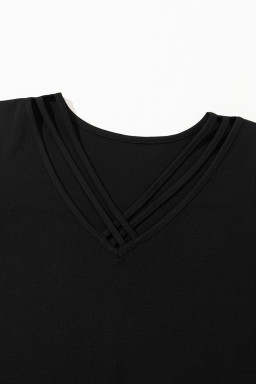 Black Crisscross V Neck Flutter Sleeve T Shirt