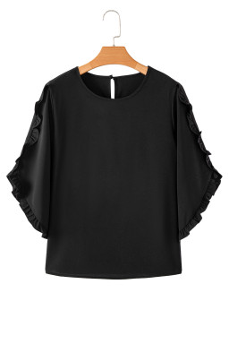Black Frill Trim Plain Tulip Sleeve Blouse