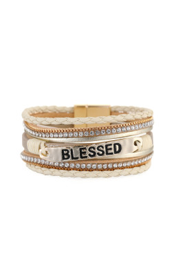 Beige BLESSED Rhinestone Leather Layered Bracelet