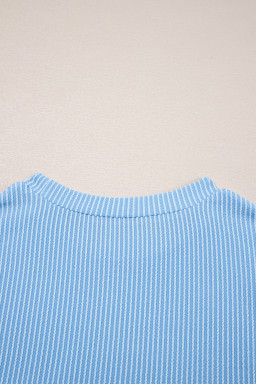 Dark Blue Corded Knit Color Block Pocketed Crew Neck T Shirt