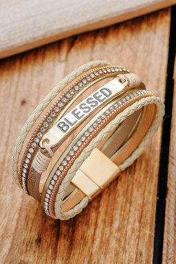 Beige BLESSED Rhinestone Leather Layered Bracelet