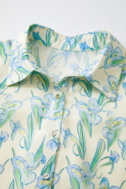 Green Floral Half Button Short Sleeve Mini Dress