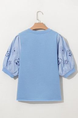 Beau Blue Eyelet Flower Embroidered Crew Neck Blouse