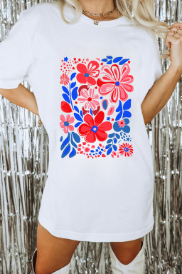 White Floral Print Half Sleeve Round Neck Oversized Tee