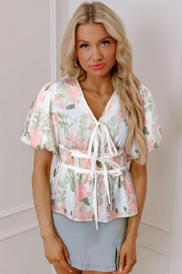 Pink Floral Puff Sleeve V Neck Tie Front Peplum Blouse