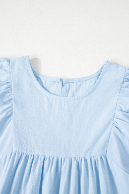 Beau Blue Embroidered Scallop Trim Sleeve Pleated Blouse