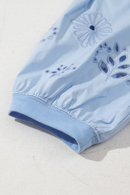 Beau Blue Eyelet Flower Embroidered Crew Neck Blouse