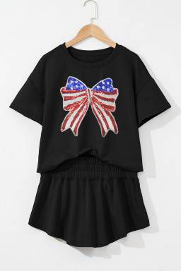 Black American Flag Bow Pattern Sequins Patch Tee and Skort Set