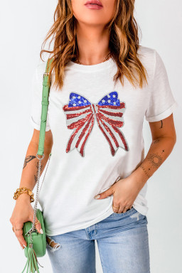 White USA Flag Bow Knot Patched Crew Neck T Shirt