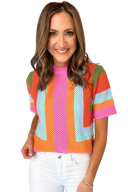 Orange Colorblock Eyelet Casual Knit T Shirt