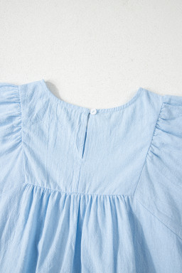 Beau Blue Embroidered Scallop Trim Sleeve Pleated Blouse