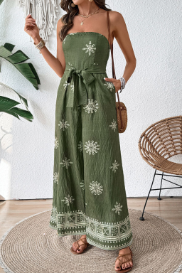 Green Boho Tube Top Belted Waist Wide Leg Jumpsuit