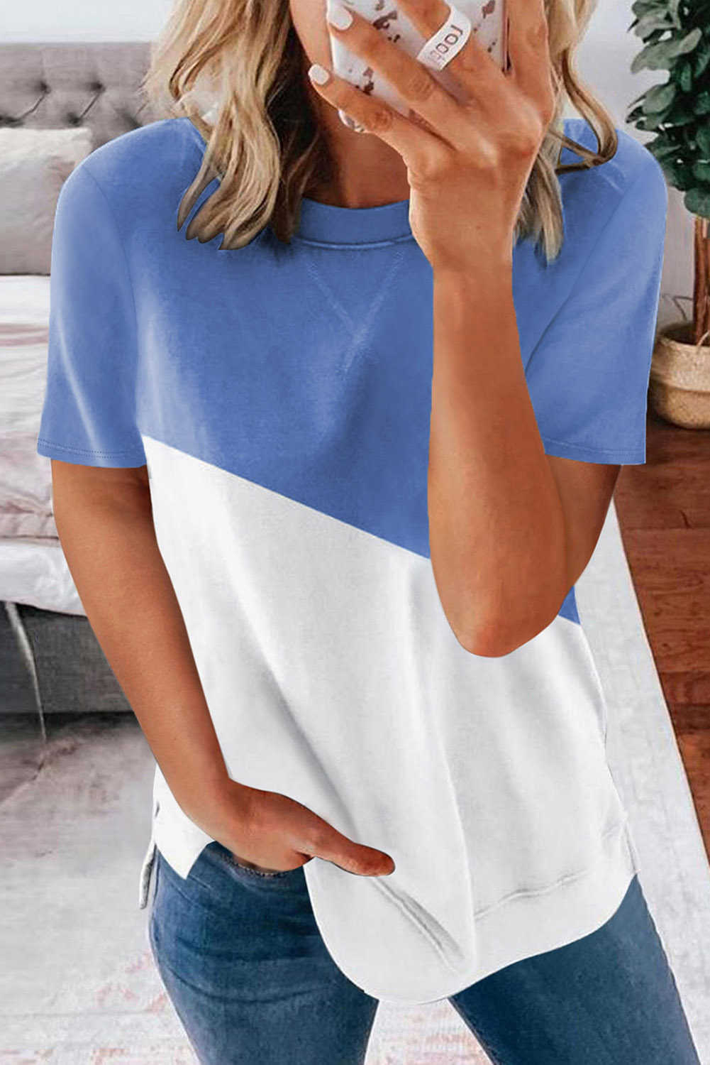 Sky Blue Crew Neck Colorblock Tee