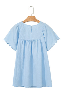 Beau Blue Embroidered Scallop Trim Sleeve Pleated Blouse