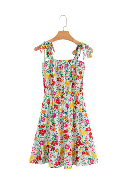 Red Floral Print Knotted Strap Cinched Waist Ruffle Hem Mini Dress