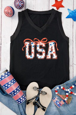 Black USA Bow Tie Print V Neck Graphic Tank Top