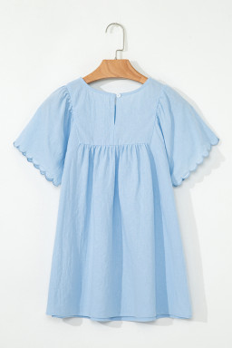 Beau Blue Embroidered Scallop Trim Sleeve Pleated Blouse