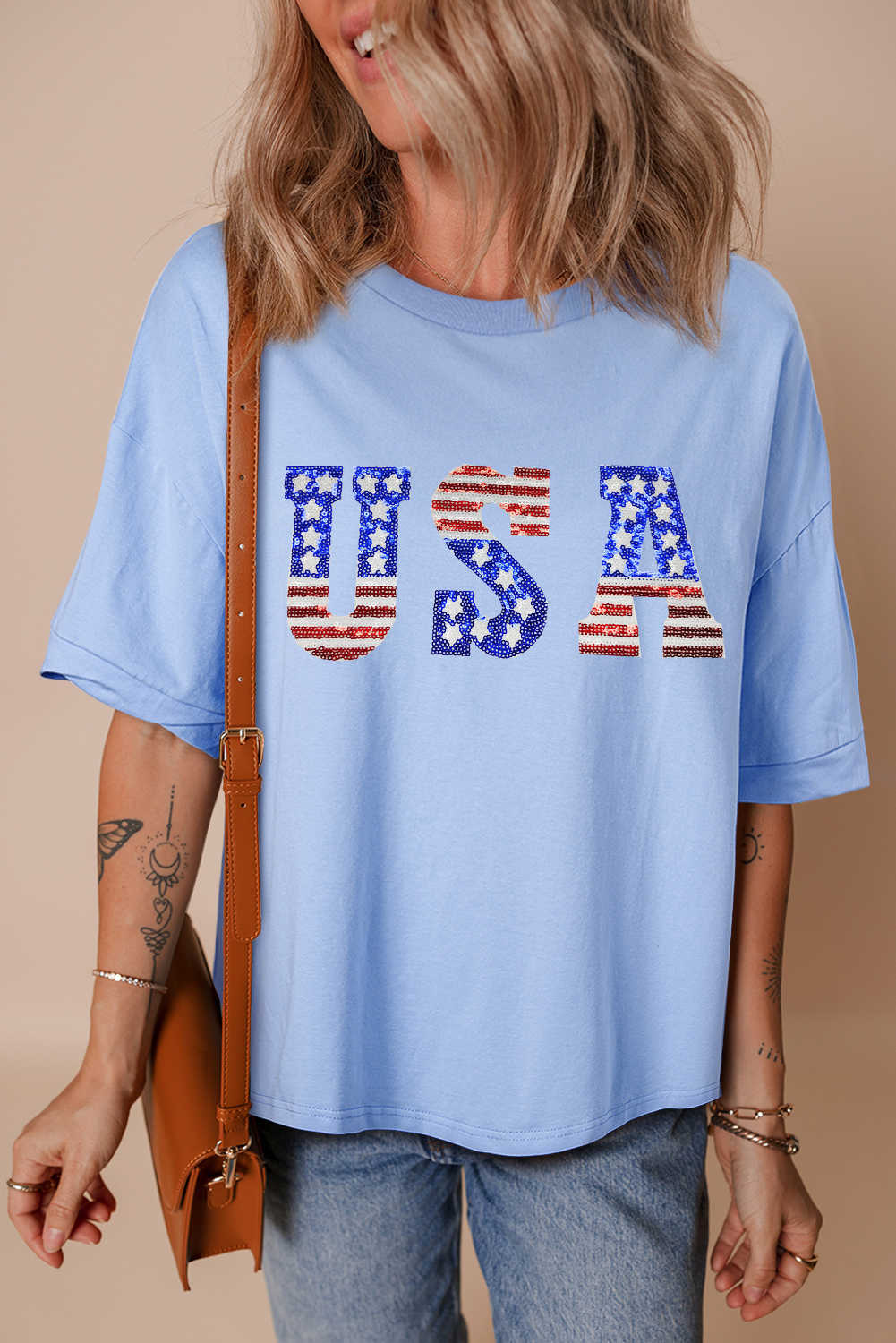 Myosotis USA Sequins Patch Drop Sleeve Crewneck T Shirt