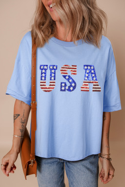 Myosotis USA Sequins Patch Drop Sleeve Crewneck T Shirt