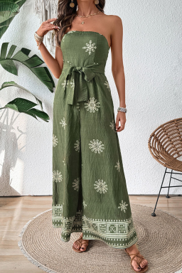 Green Boho Tube Top Belted Waist Wide Leg Jumpsuit