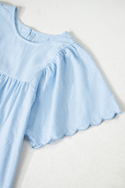 Beau Blue Embroidered Scallop Trim Sleeve Pleated Blouse