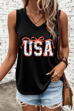 Black USA Bow Tie Print V Neck Graphic Tank Top