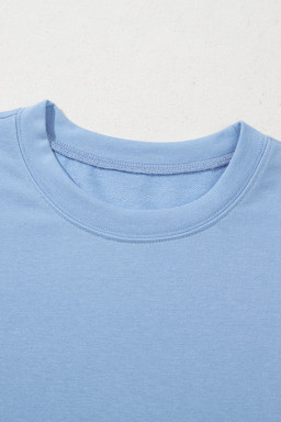 Beau Blue Eyelet Flower Embroidered Crew Neck Blouse