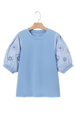 Beau Blue Eyelet Flower Embroidered Crew Neck Blouse