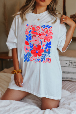 White Floral Print Half Sleeve Round Neck Oversized Tee